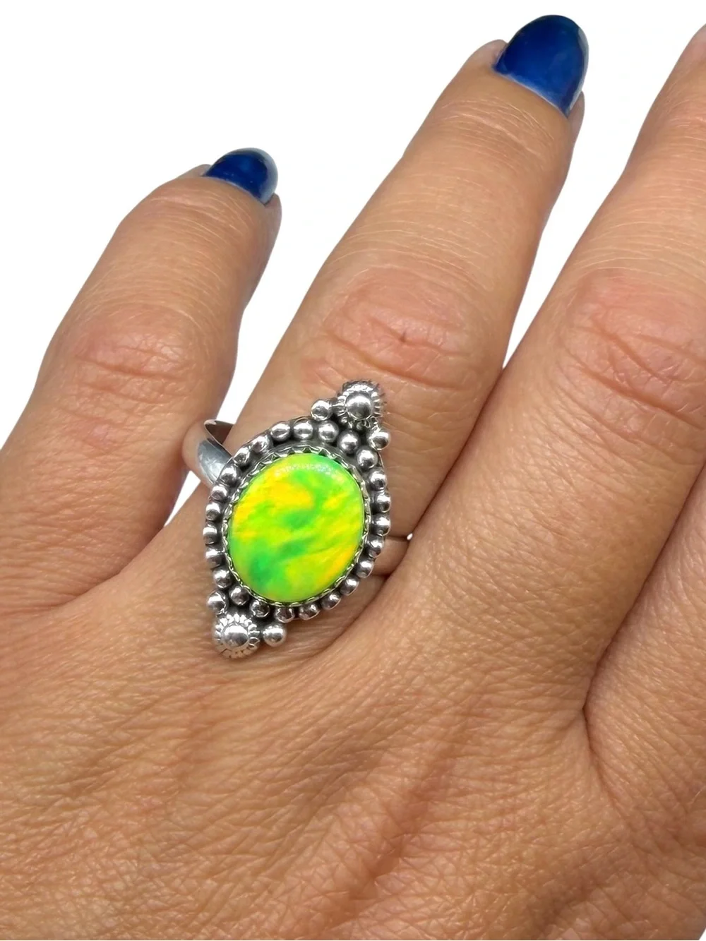 Lime Green Aurora Fire Opal Ring Size 9 Solid 925 Sterling Silver Aura